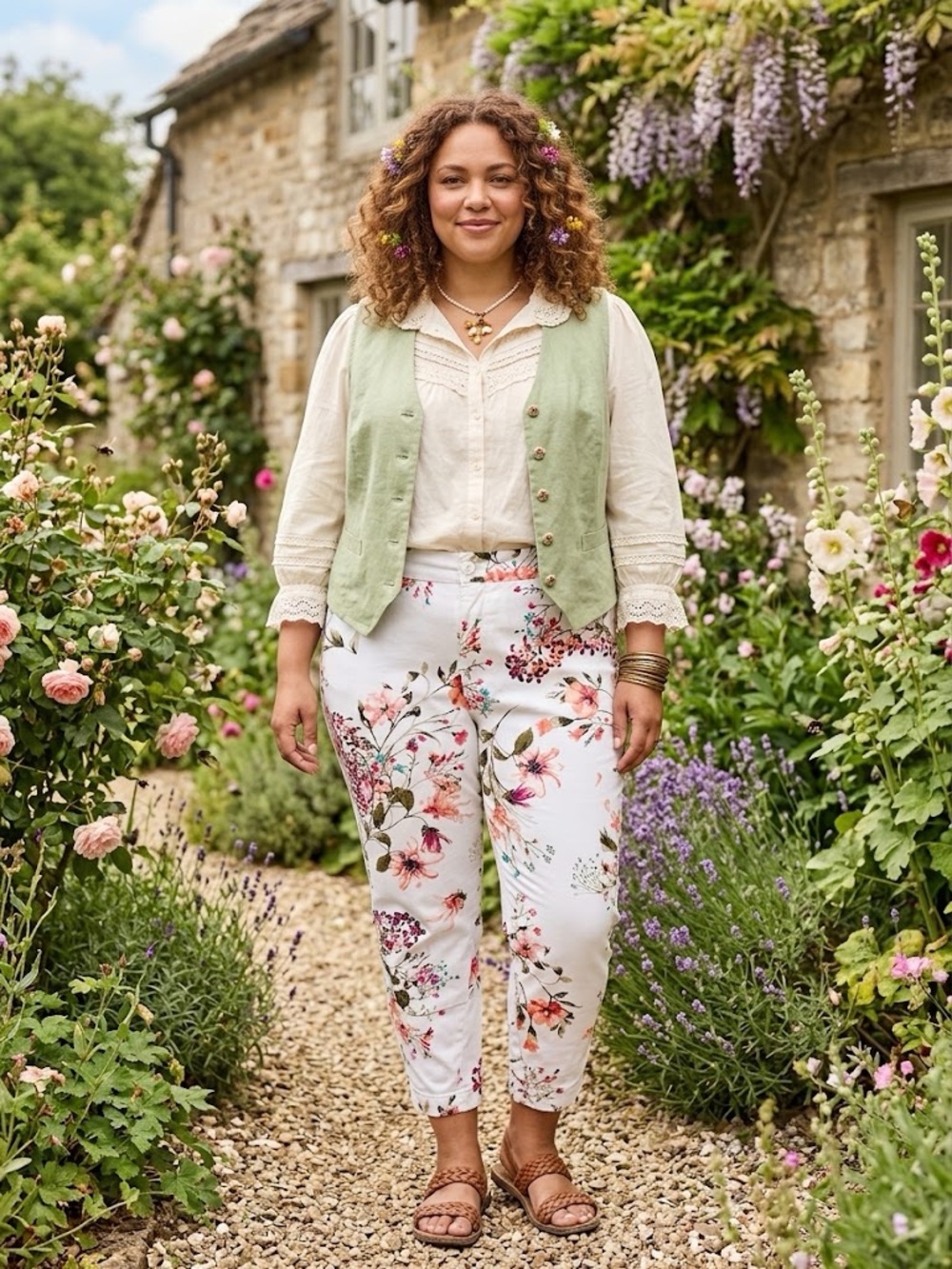 St. John’s Bay Floral Crop Pants in White - Women's Printed Trousers Cotton
